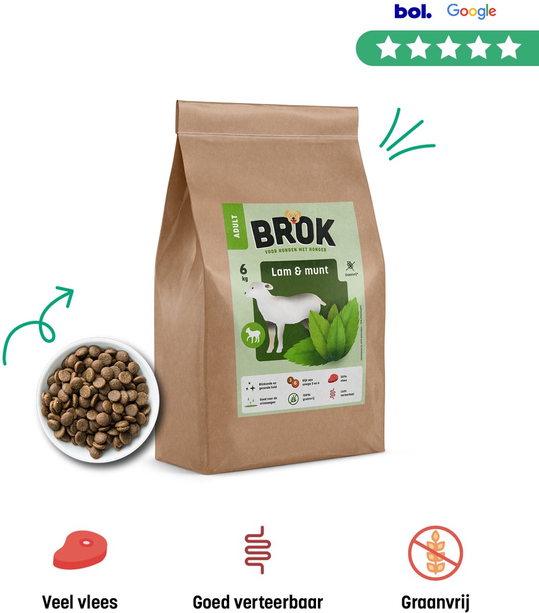 BROK Hondenvoeding - Lam & Munt - 6 KG Graanvrij Hondenvoer - BROK voor Volwassen Honden - Gezonde Hondenvoeding - Licht Verteerbaar Hondenvoer - Hondenbrokken Met Veel Vlees - Premium Hondenvoer