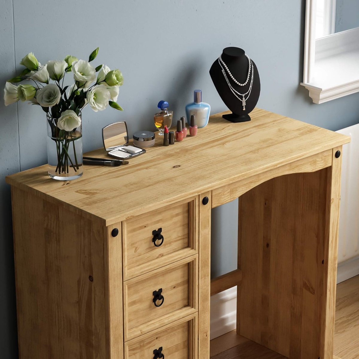 Kaptafel hout 100x45x84 cm – landelijke make-up tafel van grenenhout met antieke look – compacte dressing table voor slaapkamer in naturel houtkleur – Urbanhome