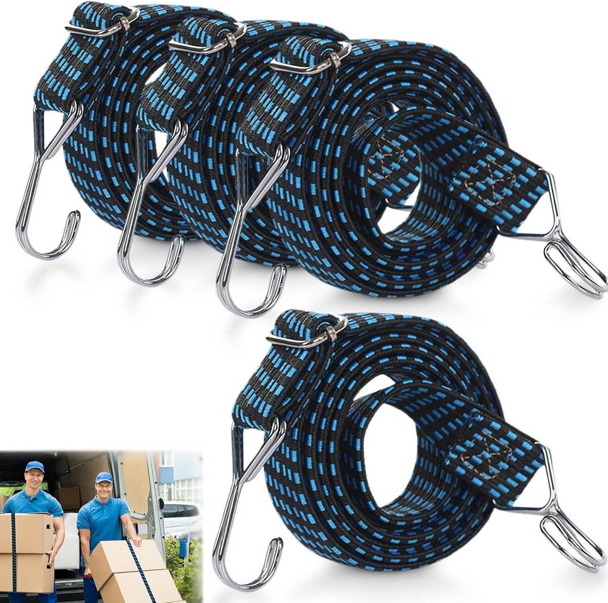 Verstelbare Spanrubbers - Spanbanden met Haken - Bagage Vastzetten - Platte Antislip Constructie - 3 stuks 1 meter - Blauw-Zwart