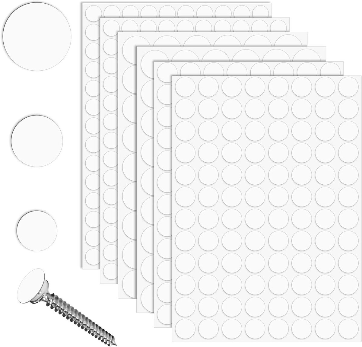 Set van 290 Zelfklevende Witte Schroefkappen 12 mm / 15 mm / 21 mm voor Gaten in Meubels, Bureau en Muren