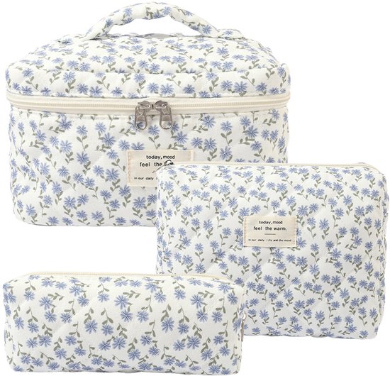 Set van 3 Make-up Tasjes Gewatteerd Bloemen Katoen – Grote Capaciteit Esthetische Cosmetische Tas & Toilettas voor Vrouwen – Reistas Organizer met Ritssluiting -Blauwe pauw, 3-delige set [Groot + Middel + Klein]