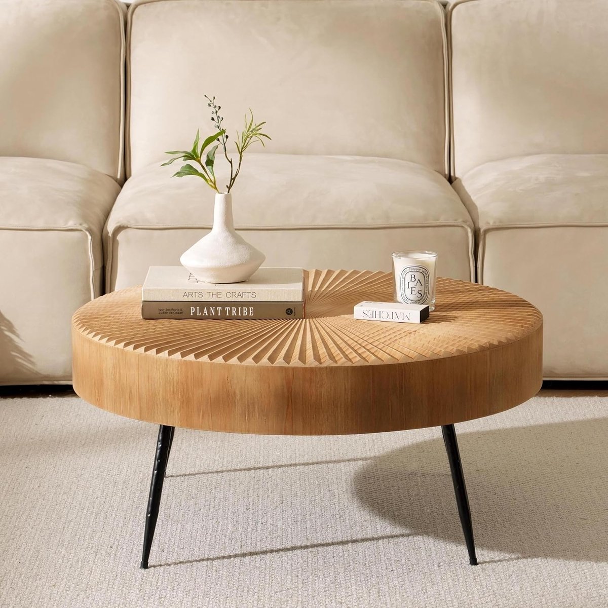 Salontafel set van 2 rond 77 cm en 40 cm – houten design tafels met metalen poten en lineair patroon – moderne bijzettafels voor woonkamer – Urbanhome