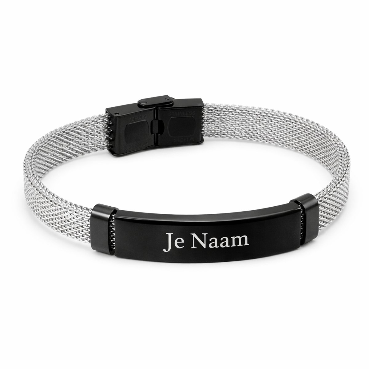 Armband met graveer, Armband met naam, Gepersonaliseerde armband met zwarte naamplaat en zilverkleurige mesh band - modern design, Armband met naamplaatje ,graveerarmband