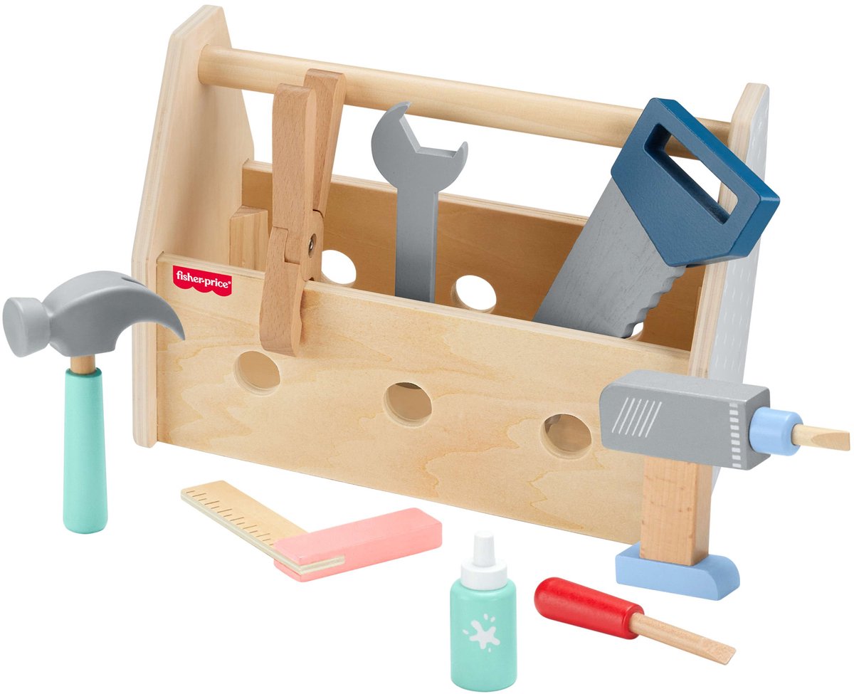 Fisher-Price houten gereedschapkist speelgoed voor kinderen.
