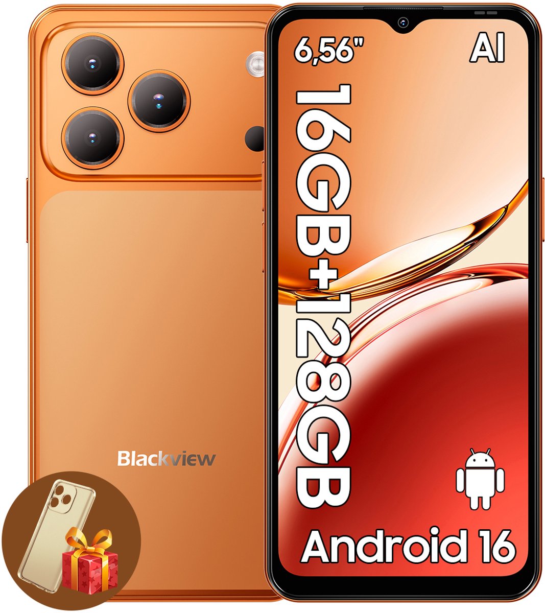 Blackview WAVE 7C Smartphone - 4G AI - DUAL SIM - 16GB RAM - 128GB ROM - Android 16 Telefoon - 6,56 inch - 5000mAh - GPS - Oranje