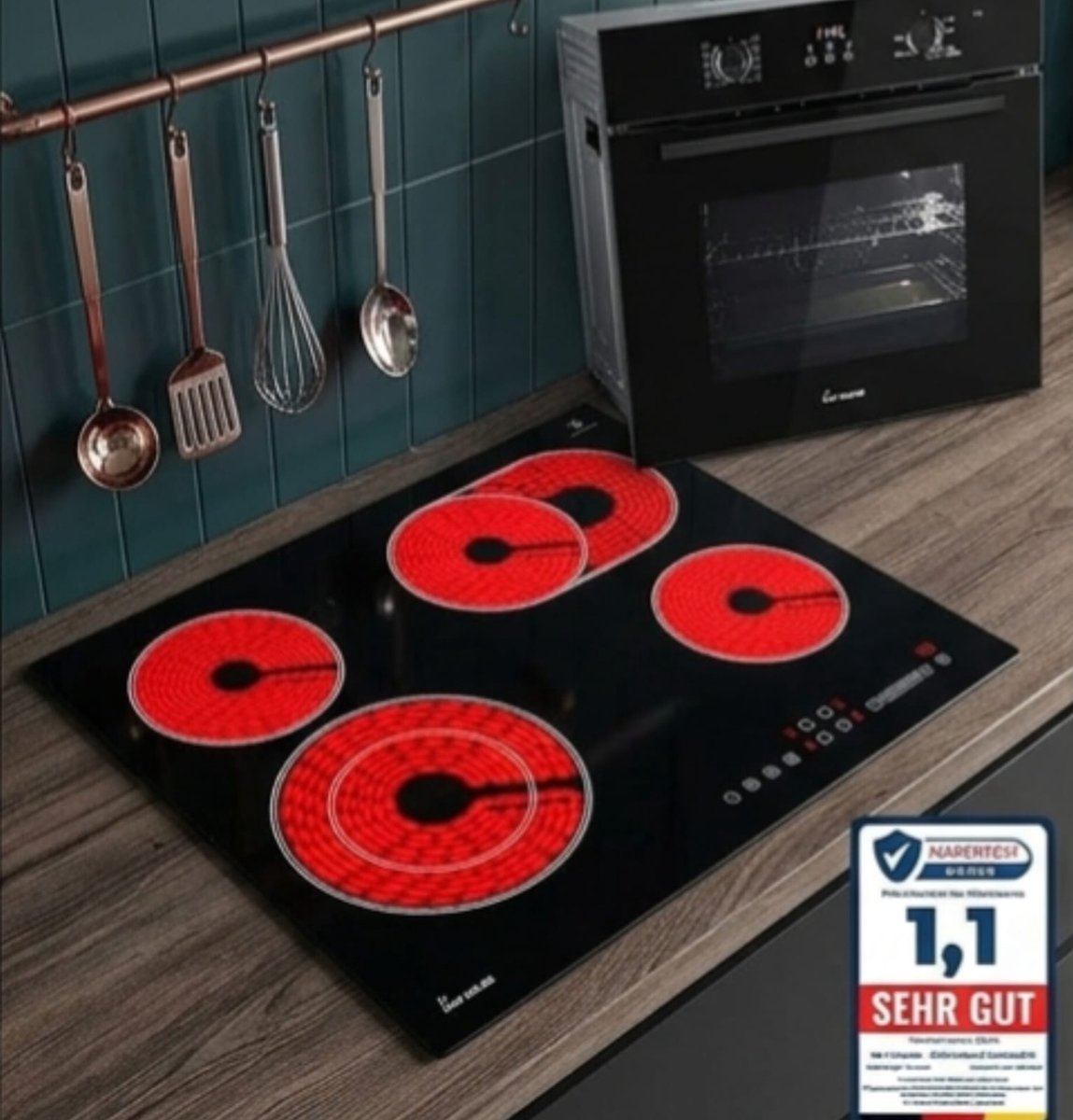 Inbouw Oven & Kookplaat Set 60 cm – 4-Zones Glaskeramische Kookplaat + 70L Hetelucht Oven met Grill, Timer, Kinderbeveiliging & A+ Energieklasse – Modern RVS/Zwart Design – Urbanhome