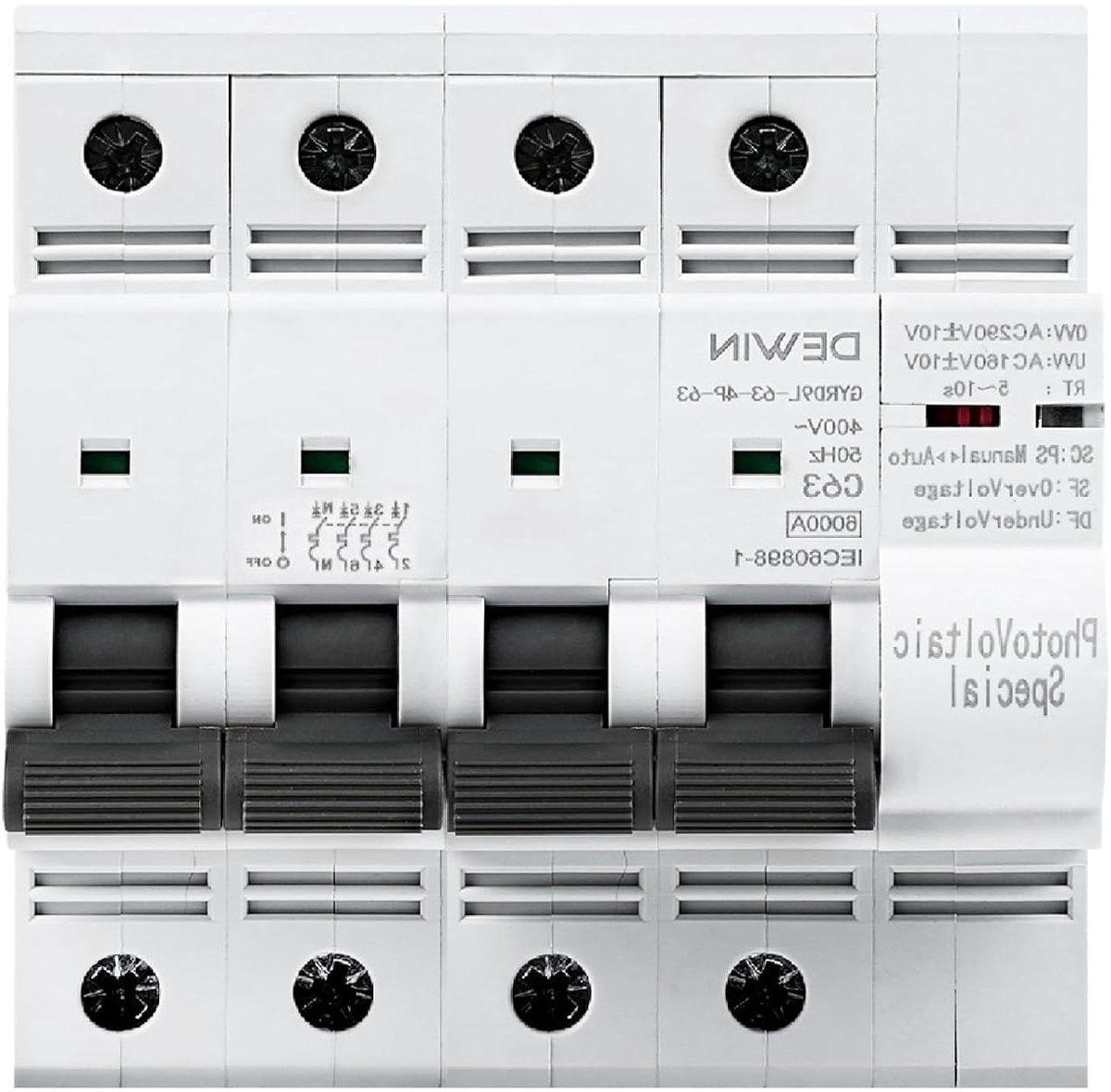 Fotovoltaïsche Herstartschakelaar - Automatische Zekering - Bescherming Energie Systeem - Over- en Onder Spanningsbeveiliging - 2P/4P 63A - Grijs