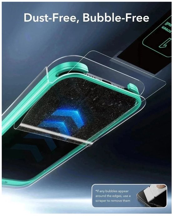 Installatieframe met telefoonhoes in mintgroen voor stofvrije, bubbelvrije installatie van screenprotector.