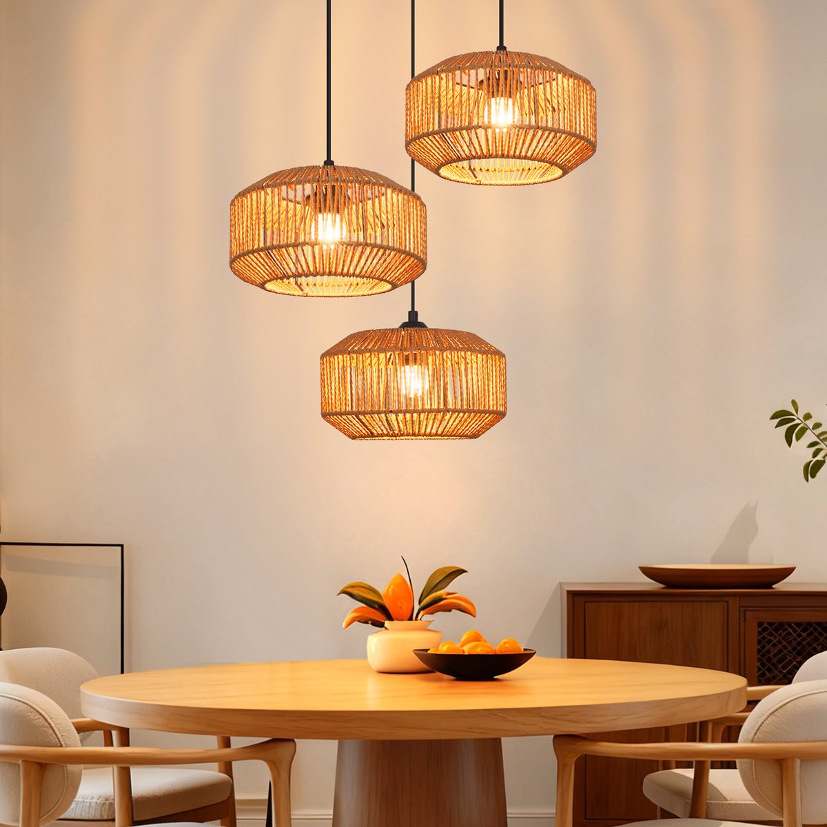NETTLIFE E27 Hanglamp - Boho Rotan - In hoogte verstelbaar - 3-lichts - Eettafellamp - Retro design - Voor slaapkamer en woonkamer - Zonder lamp