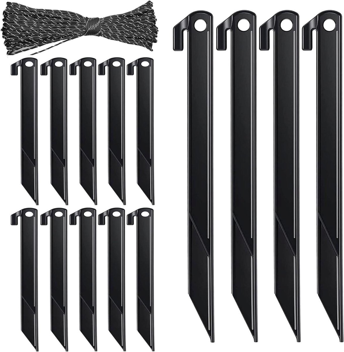 Plastic Palen Set - Grondankers Tenten - Decoratie Bevestigen - Reflecterend Touw Inbegrepen - 14 stuks 30 cm - Zwart