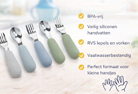 3 Setjes - Baby Bestekset - Vork en Lepel RVS - Kinderbestekset - Blauw Grijs Groen van Merkloos — afbeelding 5