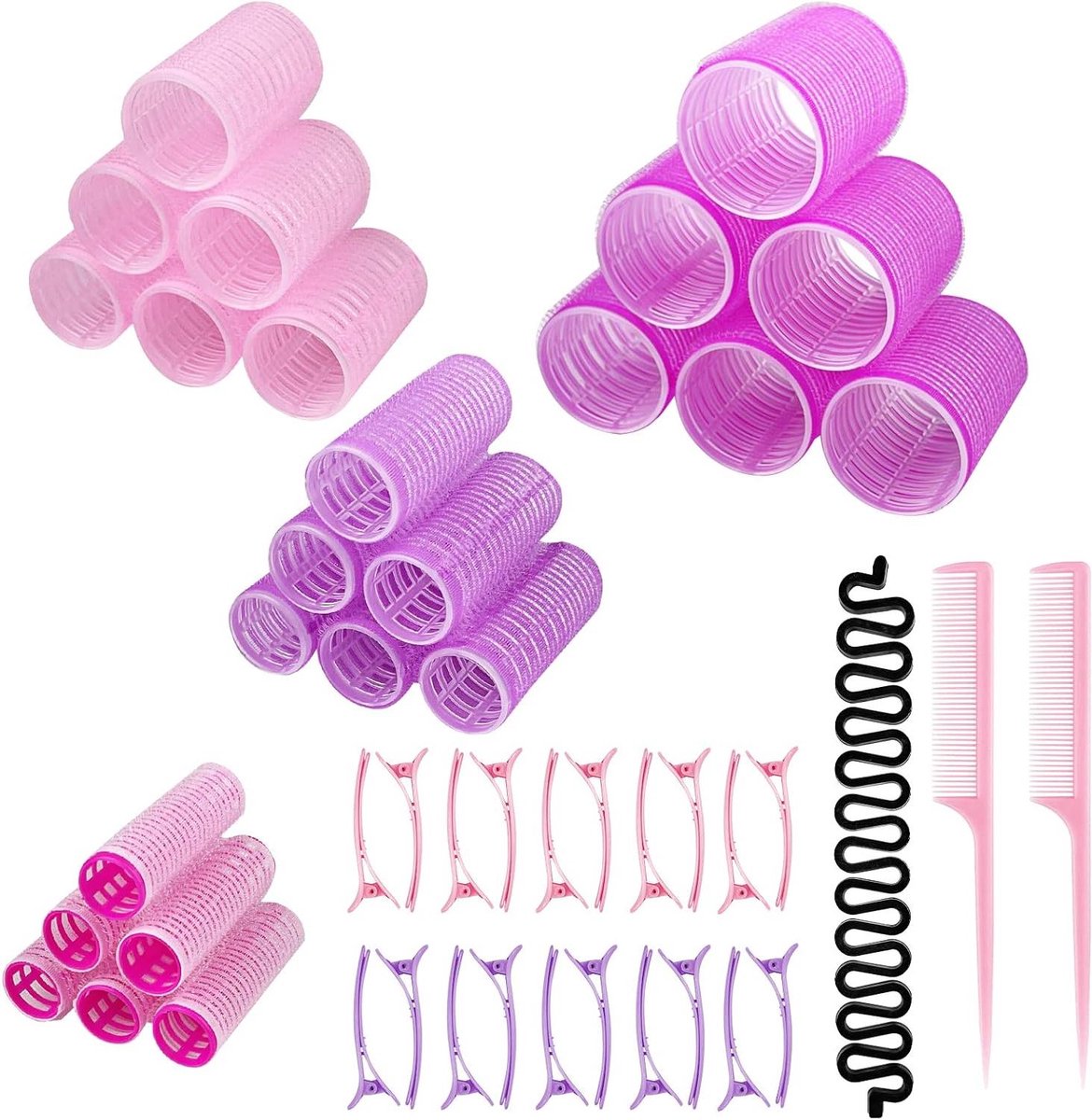 Krulspelden set - Haarrollers set - Natuurlijke krullen maken - Hittevrij stylen - 4 maten 20 clips - Paars