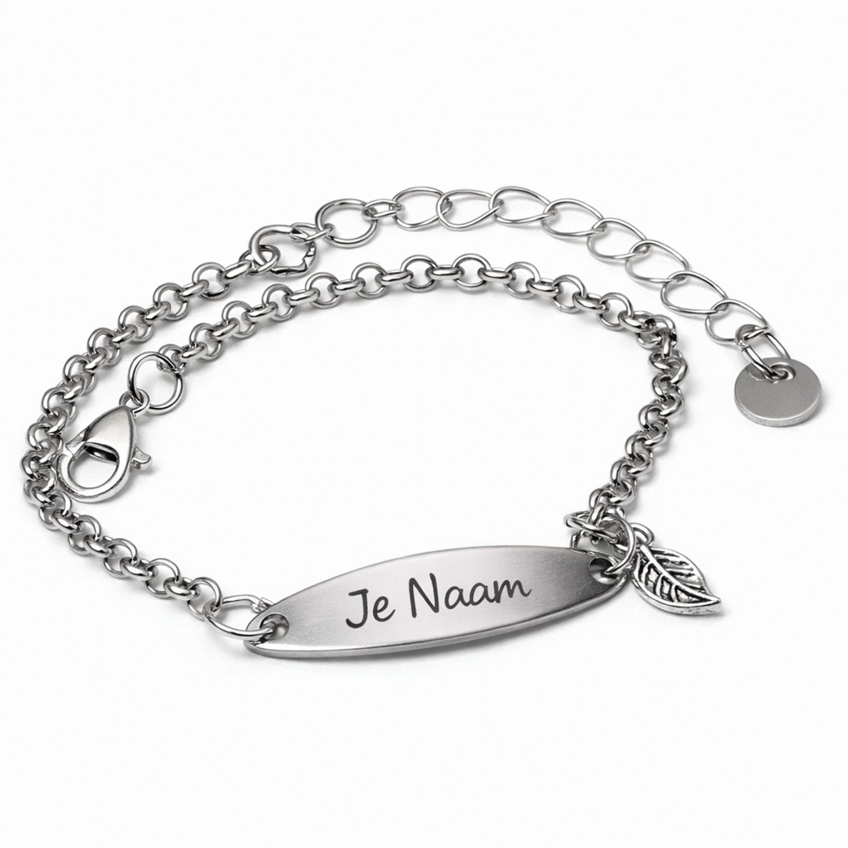 Armband met graveer, Armband met naam, Gepersonaliseerde armband met naamgravure en bladbedel - zilverkleurig, Armband met naamplaatje ,graveerarmband