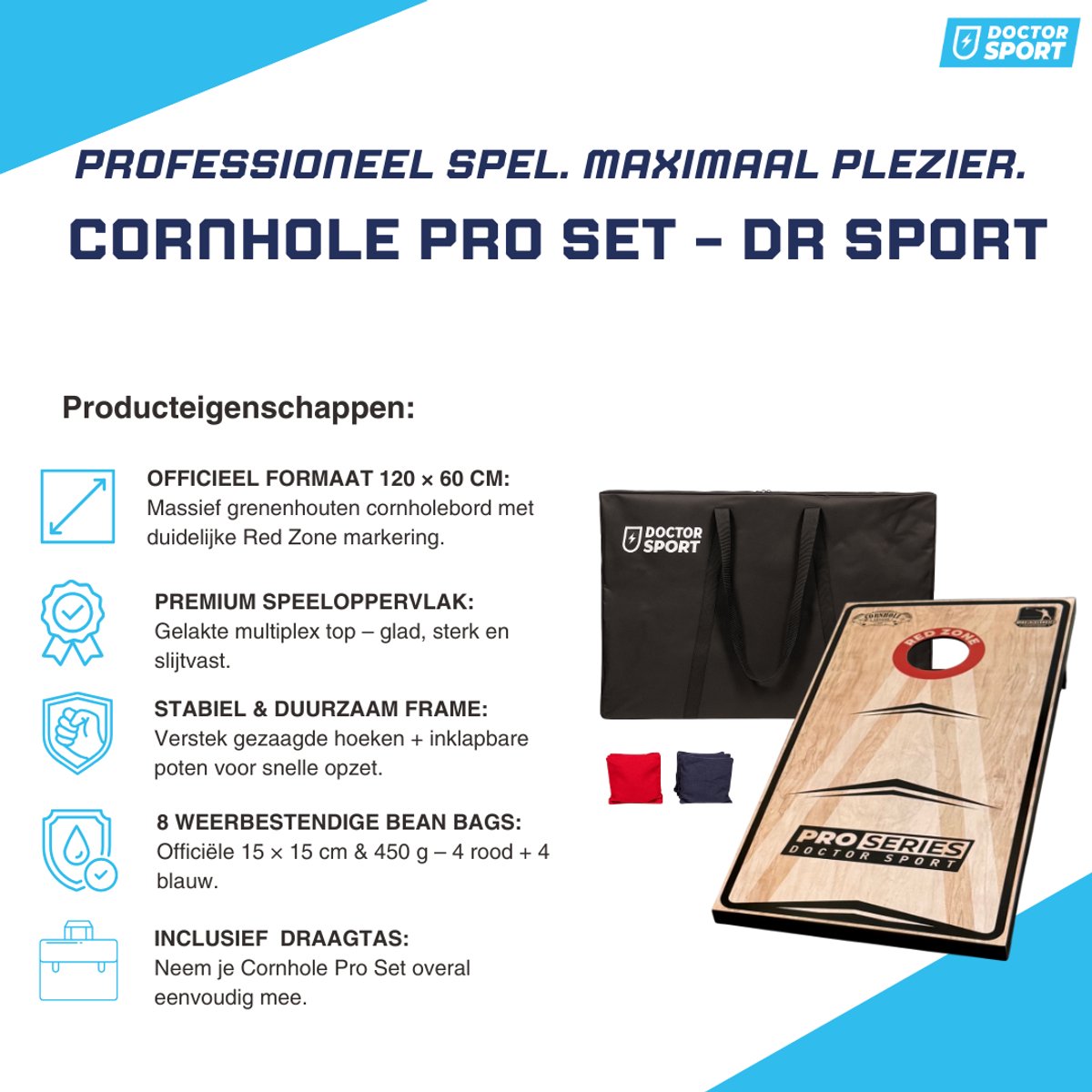 Doctor Sport Cornhole Pro Series – Amerikaans Werpspel – 120x60 cm – 8 Bean Bags + Draagtas – 1 Speelbord — afbeelding 3