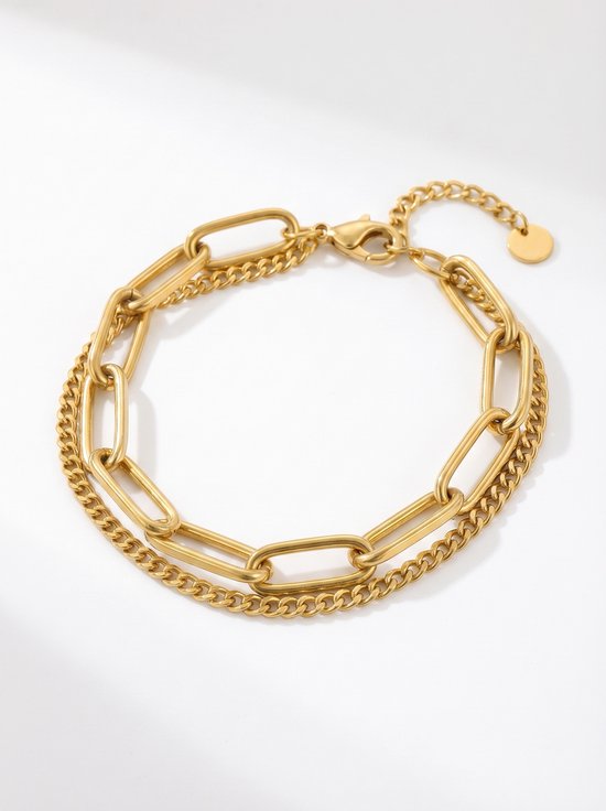 Lundholm Luxe Armband Dames Goud kleurig Schakel - Premium Stainless Steel Jewellery - Bedel Armband - My Nicola Serie - Dubbele Armband Vrouwen Cadeautjes tip - Scandinavisch Design