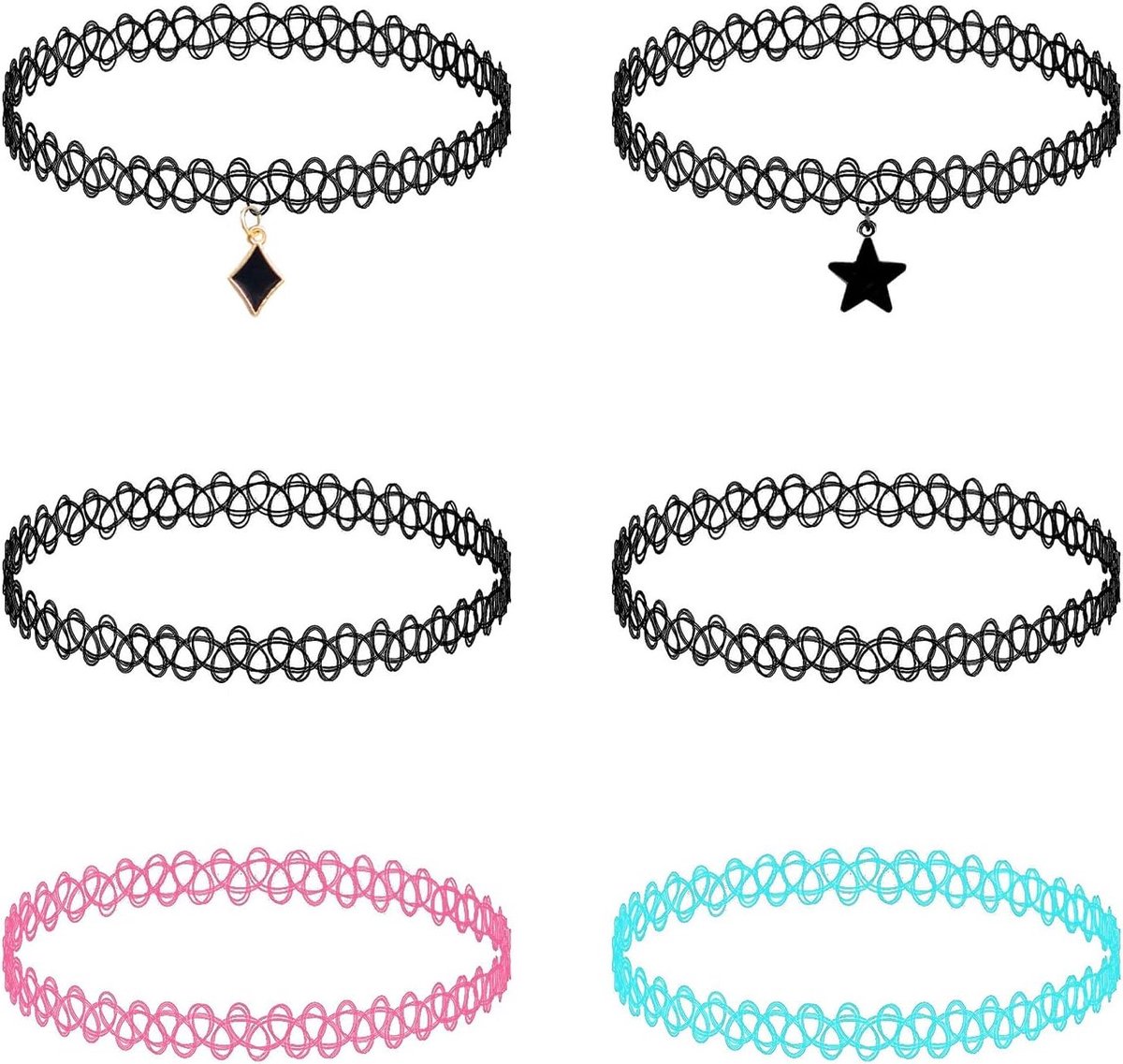 Set van 6 Tattoo Chokers - Elastische Rubber Stretch Kettingen voor Gothic en Henna Tattoos, Uniek Accessoire voor Festivals en Feestjes