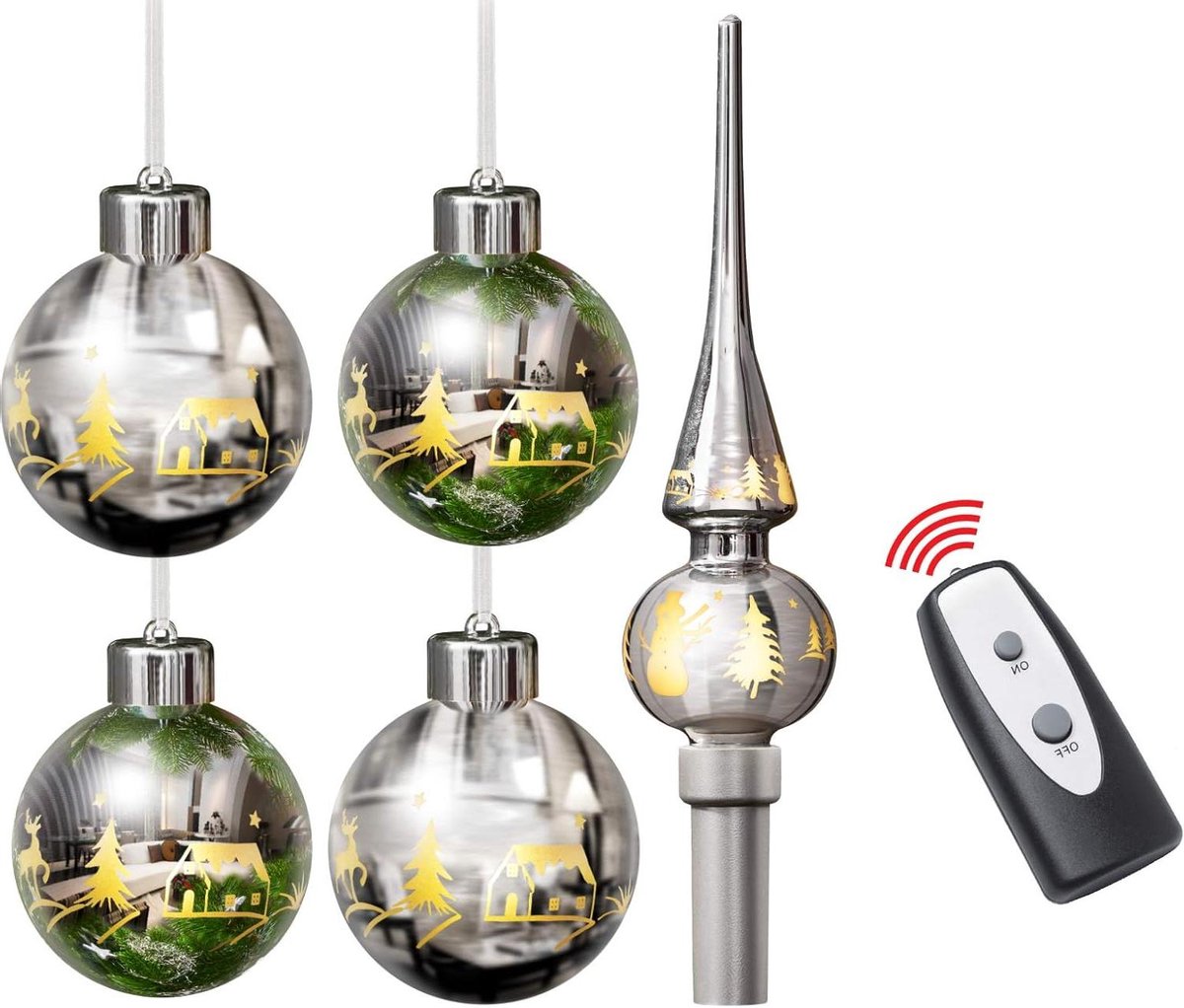 Kerstballen met Piek - Kerstboomversiering Set - Kerstsfeer Creëren - Echt Glas LED - 4 ballen 8cm 1 piek 28cm