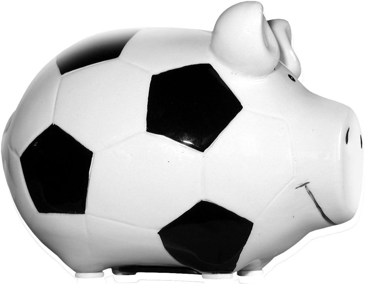 Keramisch spaarvarken voetbal - Spaarpot zwijn - Geld sparen - Handgeschilderd design - 12 cm lengte - Wit