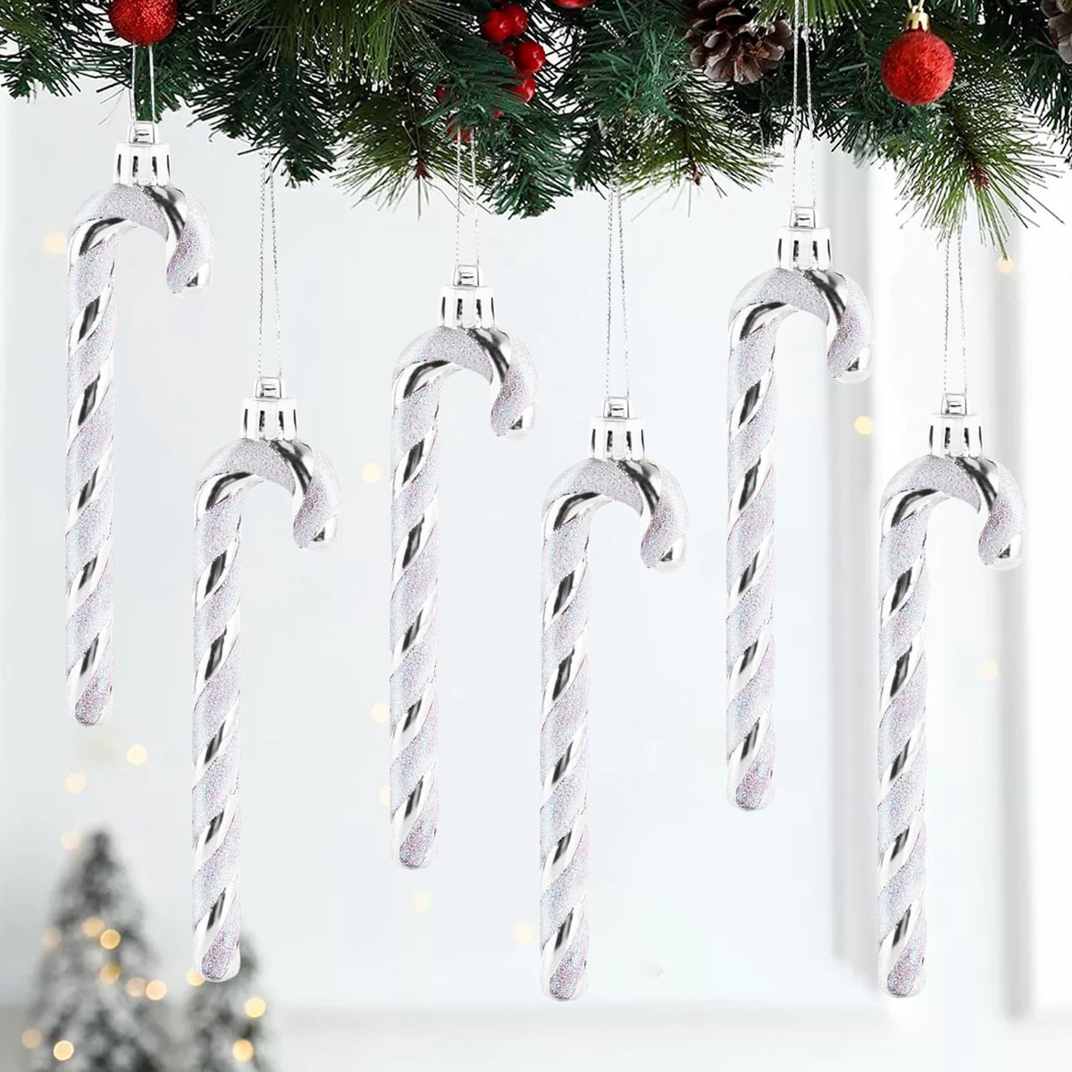 Dailygoods- Suikerstokdecoratie 12 stuks - Kerstboomversiering - Glitter - Hanger met koord - Kunststof - 13 cm lang - Kerstversiering – foto 4