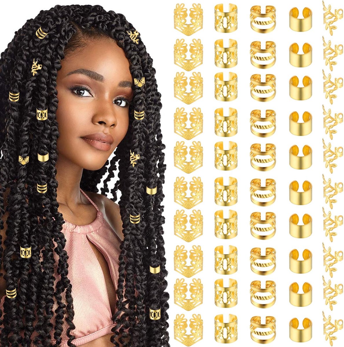 Set van 50 haaraccessoires – Accessoires voor vlechten– Kleurvast, gegalvaniseerd ijzer – Unisex – Veelzijdige stijlen – Geschikt voor dagelijks gebruik – Creatief zelf vlechten - Goud