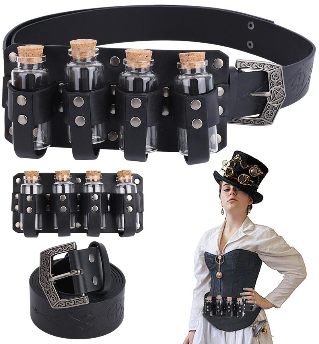 Dailygoods- Riem Middeleeuws - Faux Lederen Riem - Verstelbare Riem - 4 Toverdrank Flesjes - Opbergtas - Duurzaam Kunstleer - Cosplay Riem
