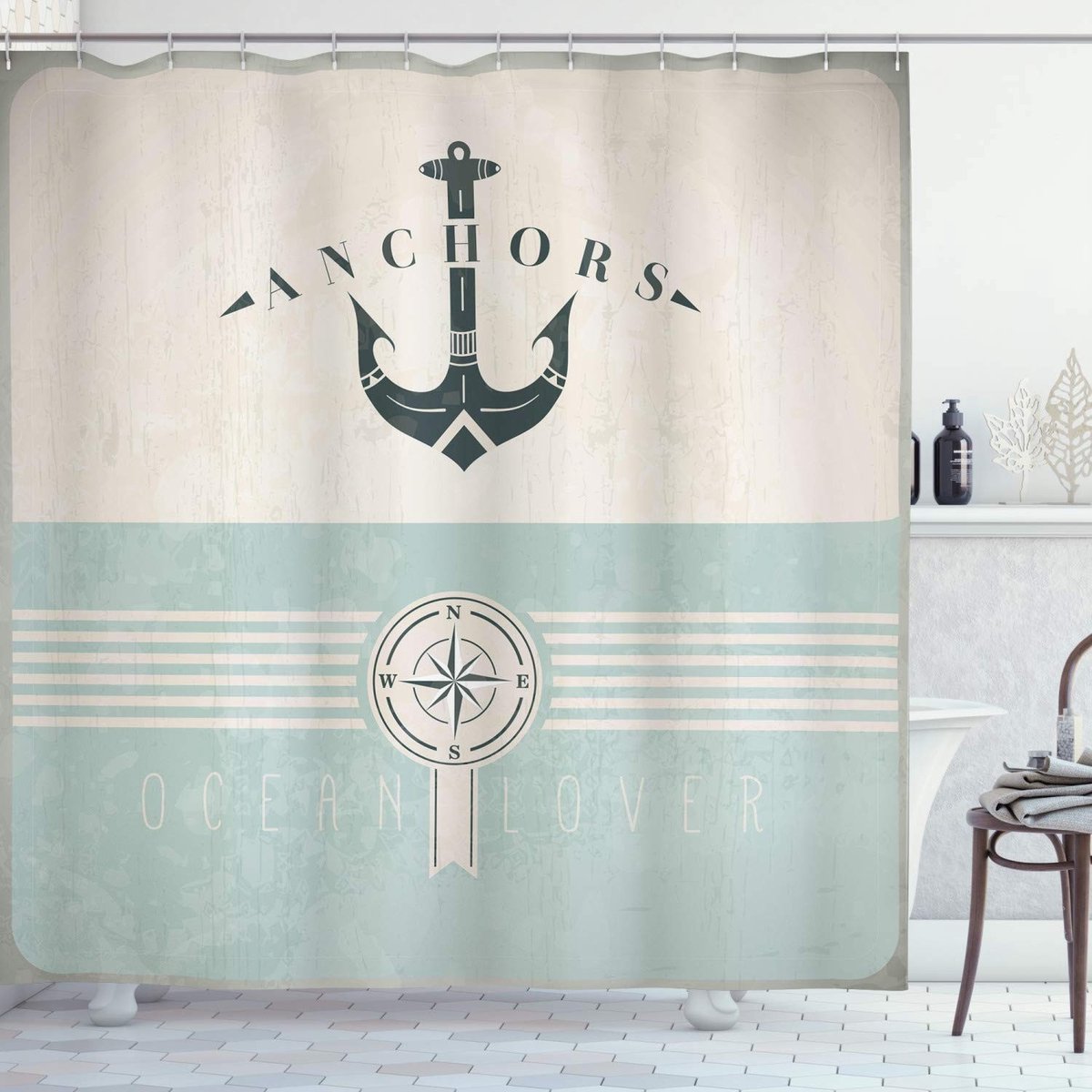 Dailygoods- Douchegordijn Vintage Marine Anker - 175x180 cm - Stof - Decoratieve Badkameraccessoires - Wasbaar - Hoge Resolutie Print - Badkamergordijn