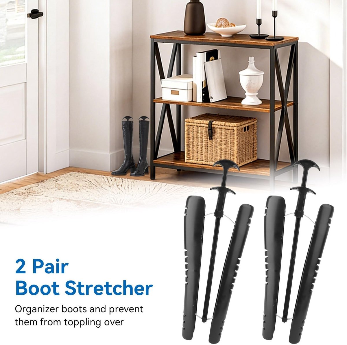 Dailygoods- Laarzenspanners - 2 Paar - Laarzenvormers - Laarzeninzetstukken - Vormhouder met handvat - Zwart - Stevig kunststof met metalen riet - Schoenvormers