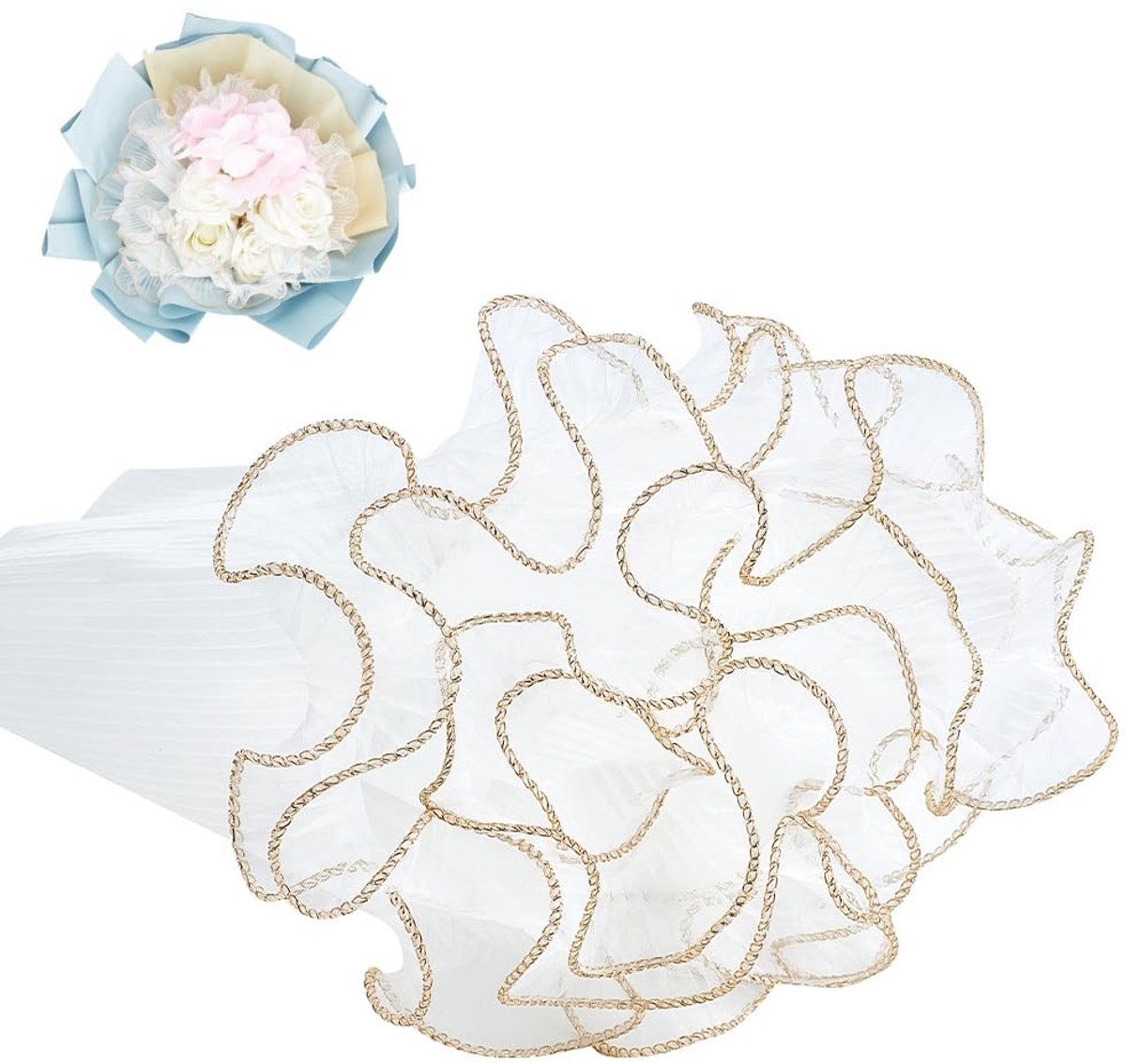 Dailygoods- Verpakkingspapier 4 m - Bloem Inpakken - Mesh Papier - Golvend - Goudrand - Geschikt voor Bruiloft en Cadeaus - Bloemwrap