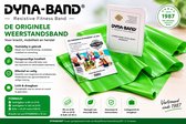 Groene DYNABAND weerstandsband, 120 cm, licht weerstand. Met een handleiding en productinformatie.