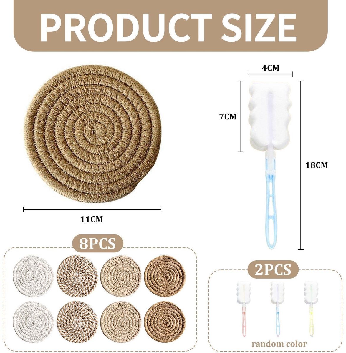 Dailygoods- Onderzetters Linnen 11 cm - Onderzetters Katoenen Touw - Onderzetters Veelkleurig - Bekerborstels 18 cm - Tafeldecoratie - Minimalistische Stijl - Tafelonderzetters