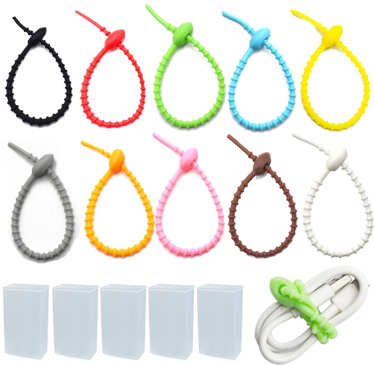 Dailygoods- Siliconen Kabelbinders - 30 Stuks - Hersluitbare Kabelbinders - Multifunctionele Stropdassen - 5 Plastic Dozen - Herbruikbaar en Gemakkelijk te Gebruiken