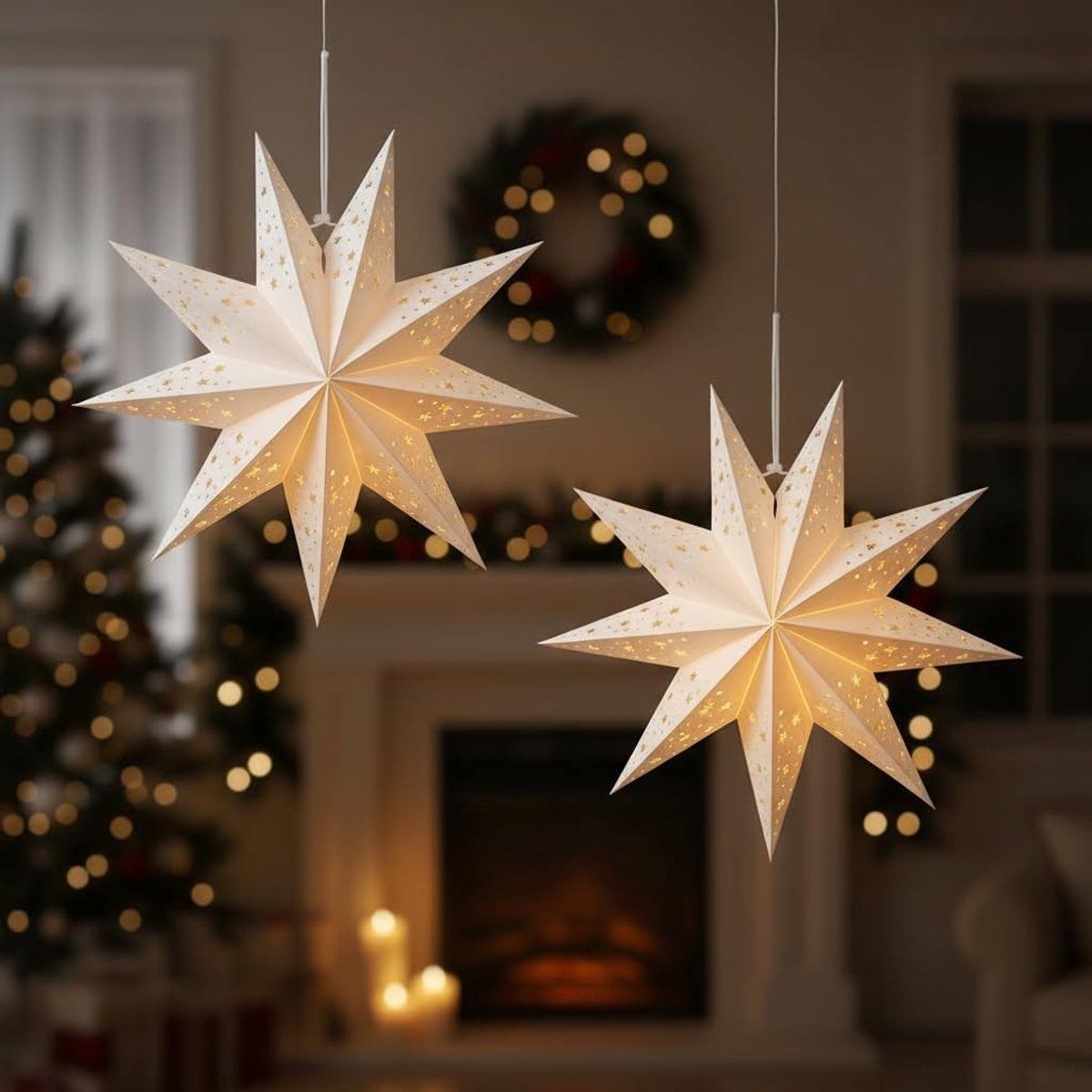 Dailygoods- Papieren Sterrenlantaarns 2 stuks - Feestdecoratie - Bruiloft - Lichtgewicht - Hangdecoratie - 45 cm Afmetingen - Lantaarn