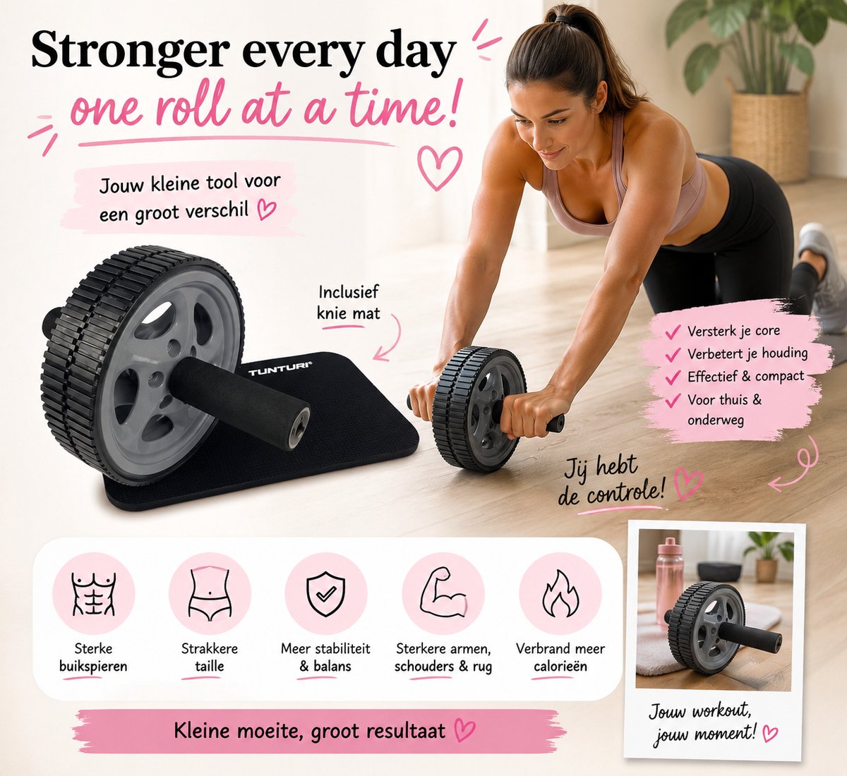 Ab Roller - Buikspierwiel - Abroller - Kleur: Zwart - Buikspieren Trainen - Rugspieren - Home Workout - Armspieren - Fitness Apparaten voor Thuis - Niet Elektrisch - Rebound Wheel - Full Body - Krachttraining - Buikspiertrainer - Hoge Kwaliteit