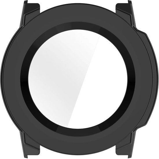 Zwarte hoes met een glanzend scherm, passend voor een Garmin Instinct 3 smartwatch.
