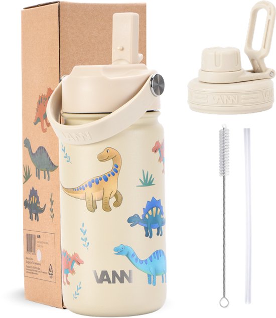 VANN® 3-Wandige Drinkfles en Schoolbeker voor kinderen met rietje in 1 – 400 ML – RVS – Met 4 accessoires – 24 uur koud/12 uur warm – Dinosaurs