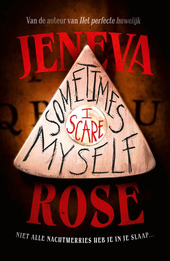 Boekcover van 'Sometimes I Scare Myself' door Jeneva Rose. Driehoekige vorm met tekst en een cirkelvormig element in het midden.