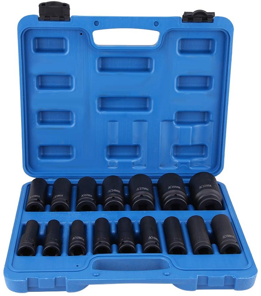 Dailygoods- Steeksleutelset 16-delig - Steeksleutelhouder - Steeksleutel 10-32 mm - Roestvrij staal - Professionele gereedschappen - Geleverd in plastic opbergdoos - Dopsleutel