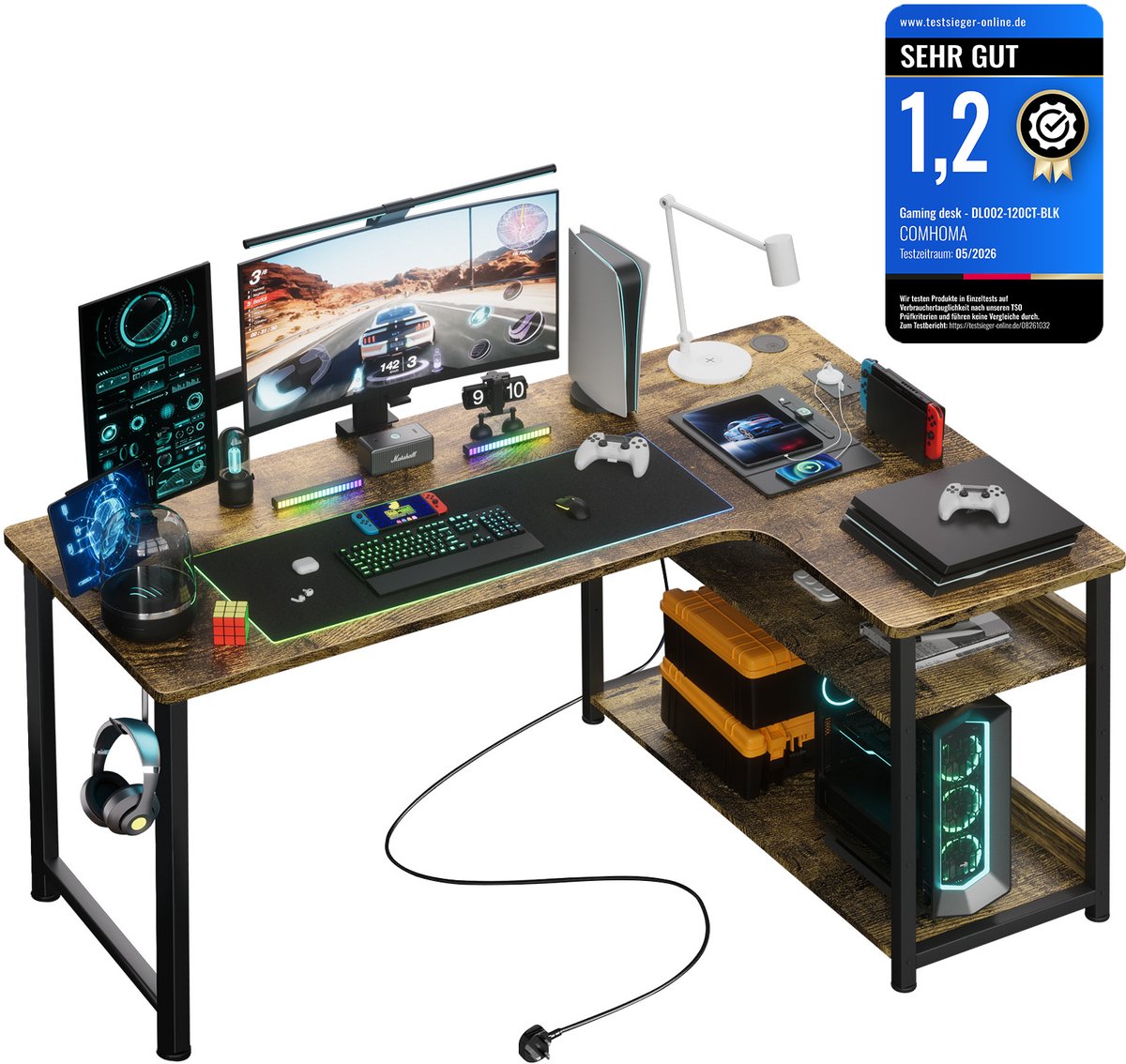 COMHOMA - L-vorm Gaming Bureau - Met USB en Stopcontact 130x80x74 cm - Bruin