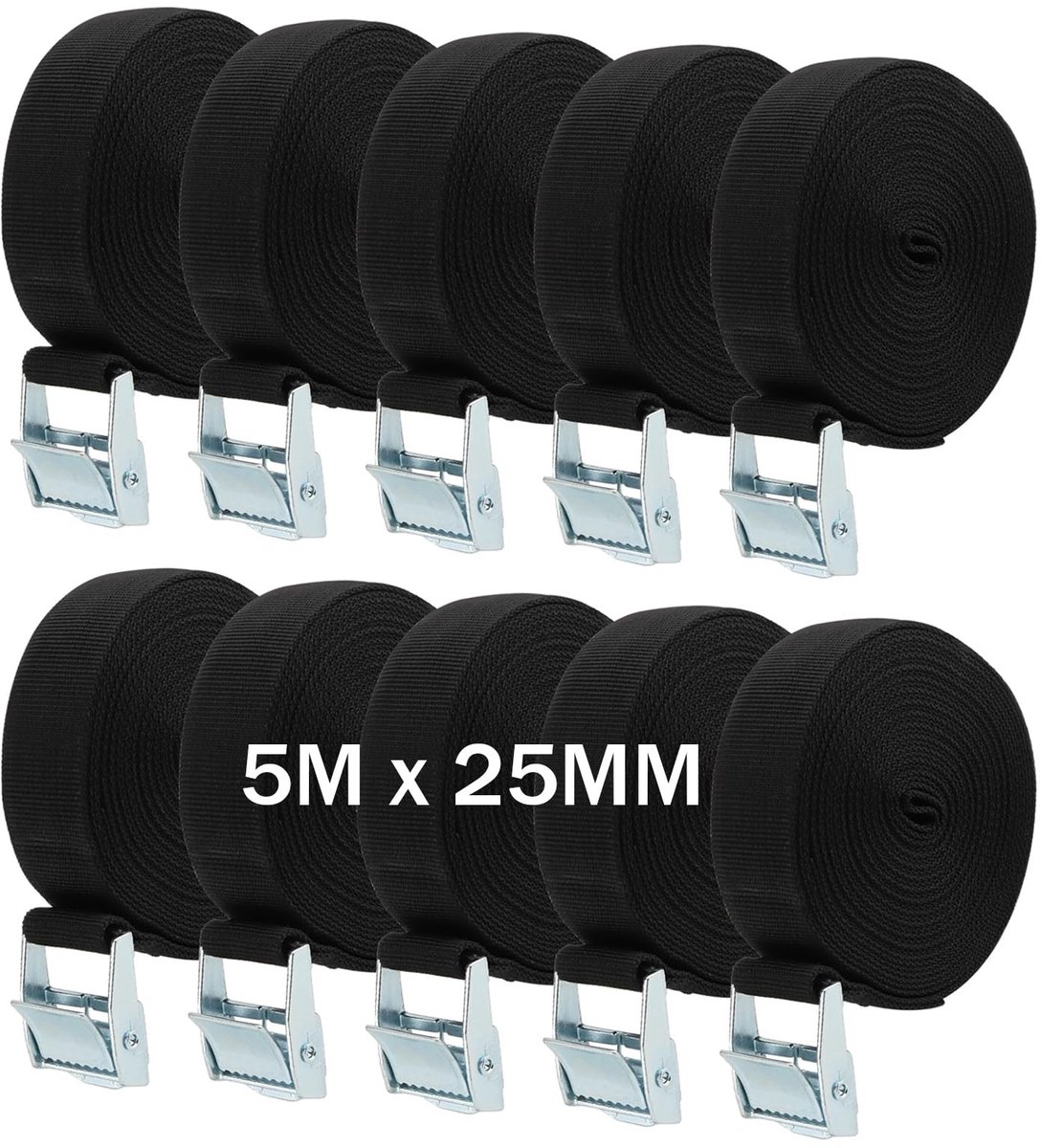 Dailygoods- Spanbanden 5 m x 25 mm - Verstelbare Heavy Duty Sjorbanden - Zwart - Hoge Sterkte - Polypropyleenvezel - 250kg-500kg Draagvermogen