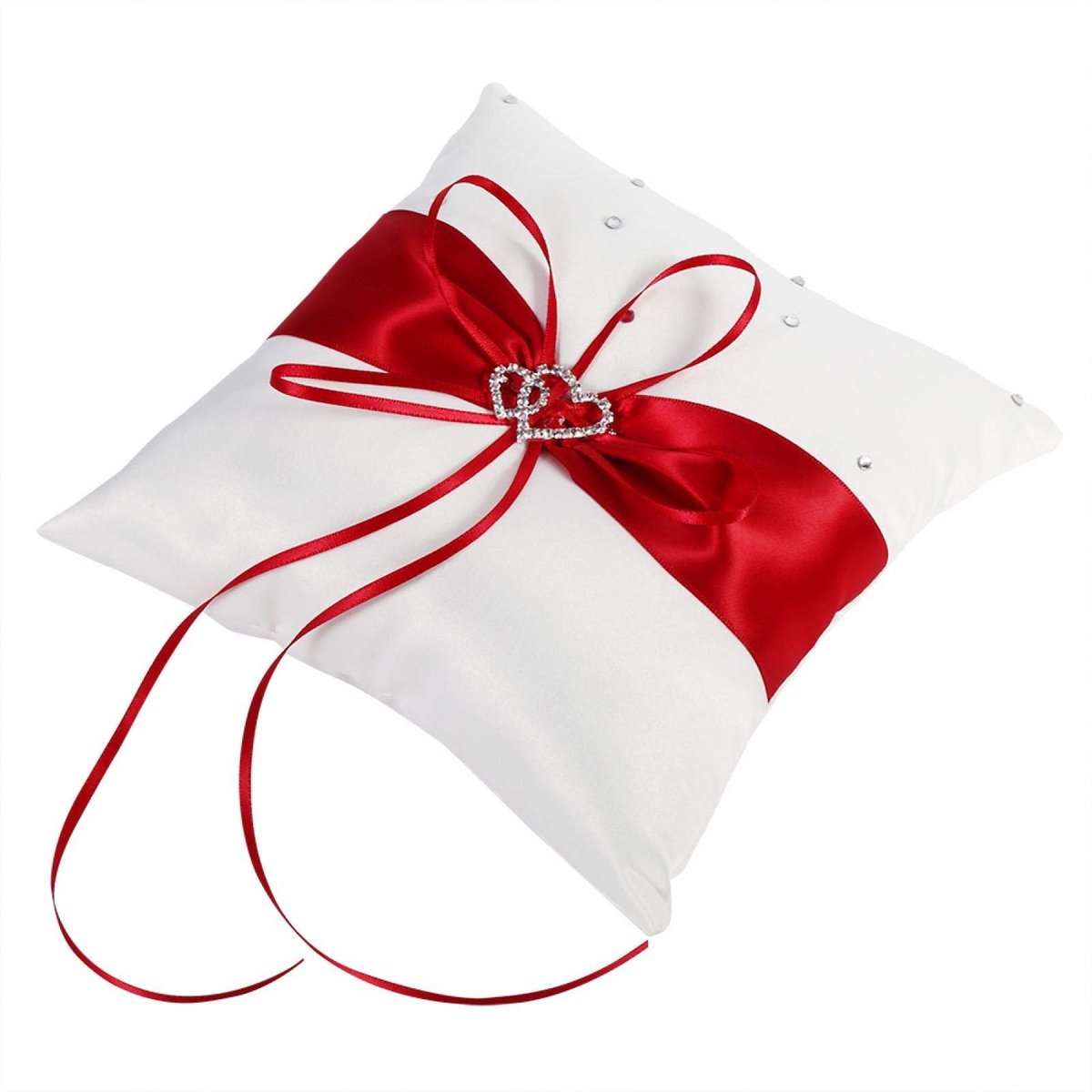 Dailygoods- Trouwringkussen Romantisch - Ringdrager - Bruiloft Decoratie - Dubbele Harten - Strik/Lint - Blauw/Rood