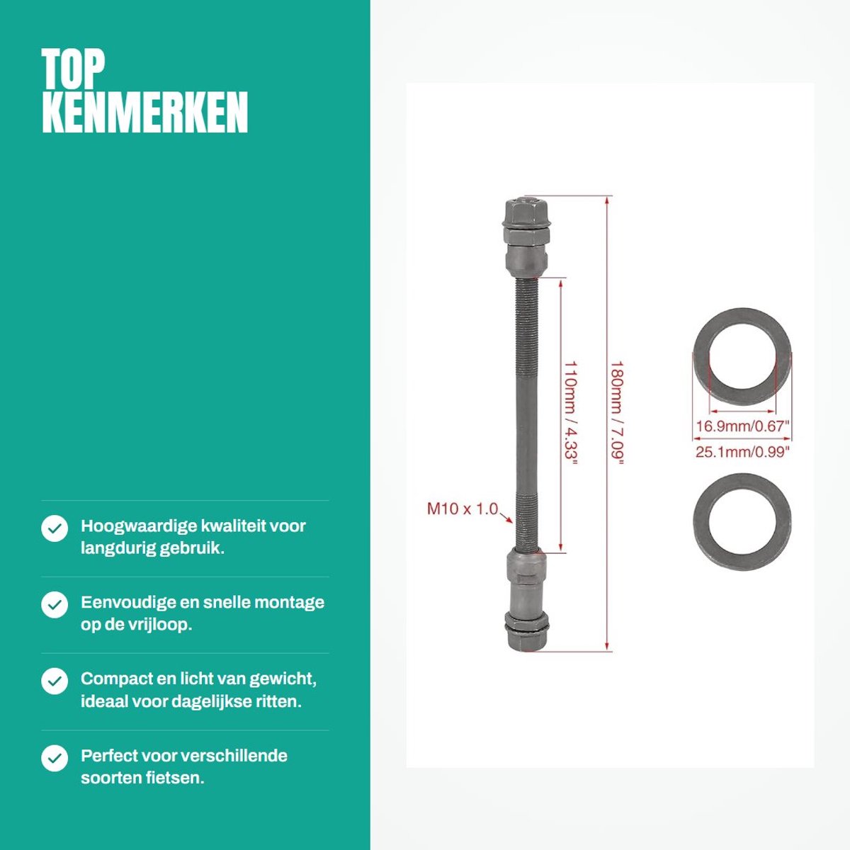 Dailygoods- Achterwielnaaf 9,5 mm - Solide As - Zwart - Metaal - Eenvoudige Montage - Hoogwaardige Afwerking - Fietsas