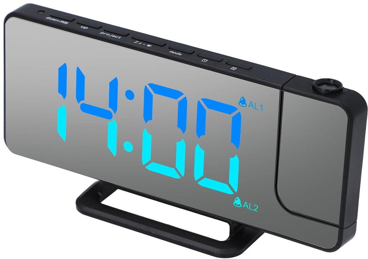 Dailygoods- Projectiewekker 7,4 Inch - Digitale Klok - Draaibare Projector - LED-display - Helderheidsdimmer - Spiegelscherm met Make-upfunctie - Wekker