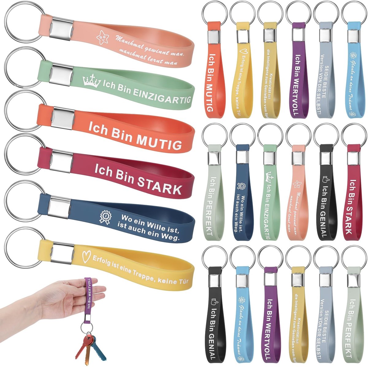 Dailygoods- Sleutelhangers 24 Stuks - Siliconen Sleutelhangers - Inspirerende Berichten - Cadeau voor Medewerkers - Veelkleurig Design - Metalen Sleutelhanger - Sleutelring