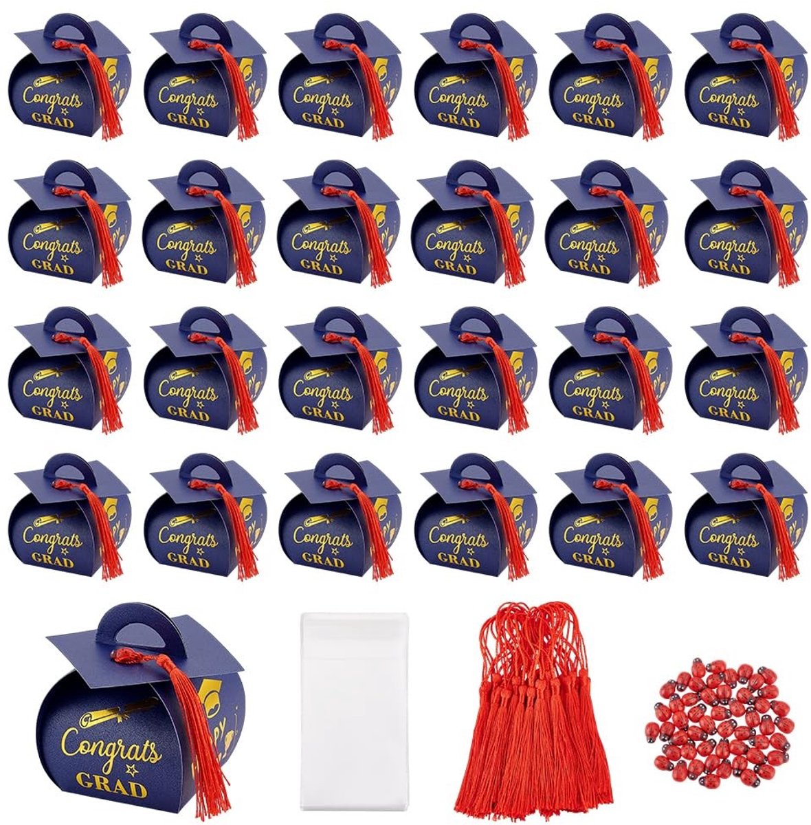Dailygoods- Geschenkdozen met deksel - 50 sets blauwe snoepdozen - Afstudeeraccessoires - Lieveheersbeestjeshangers - Rode kwasten - Cellofaanzakjes - Snoepdoosjes