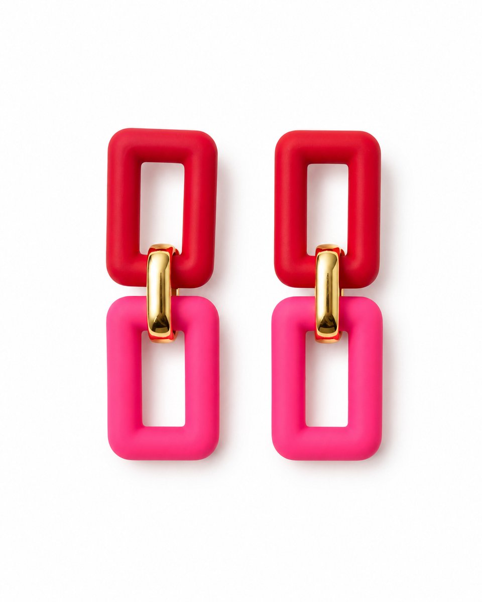 VILLA COCO Mila rood - Grote oorbellen - Schakeloorbellen - Lichtgewicht - Grote oorstekers - Dames oorhangers - RVS - Statement oorbellen - Roze en rood
