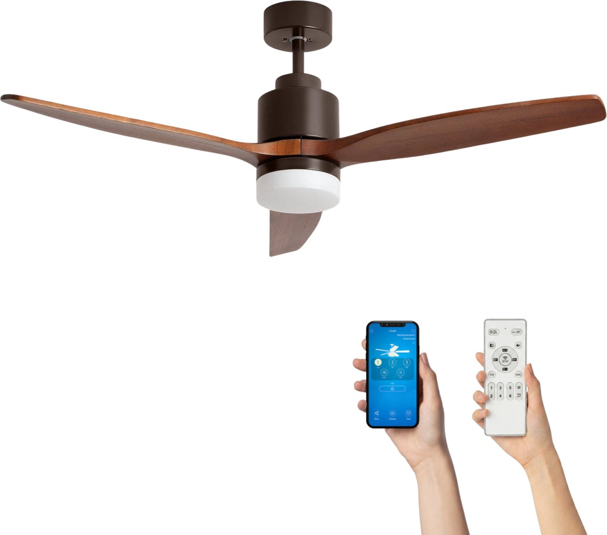 Fantiluxe - Tarek - Plafondventilator met verlichting - Bruin Donker Hout - Ø132cm - Afstandsbediening - Met lamp - Plafond ventilator - Slaapkamer