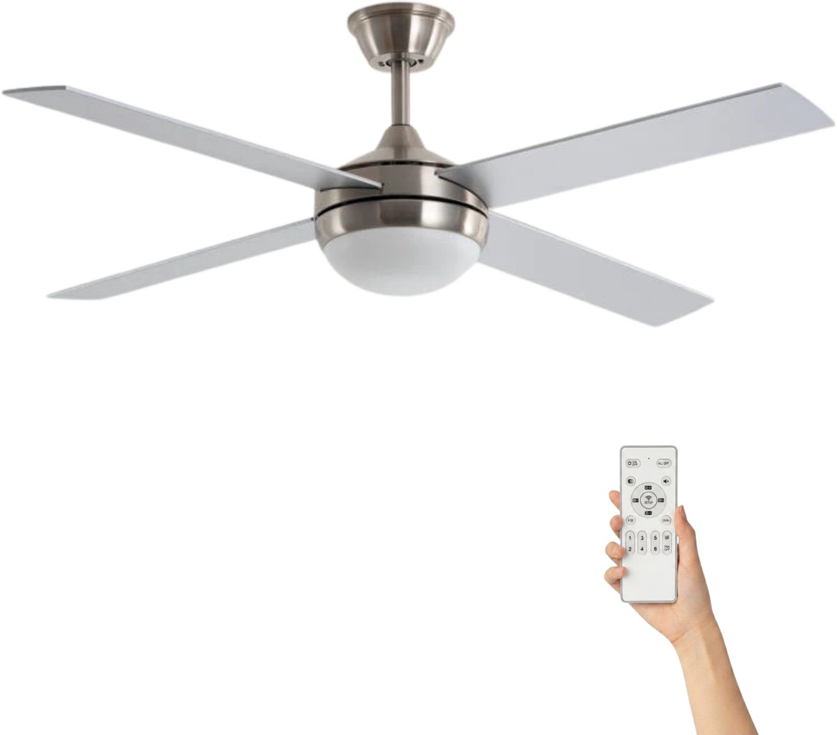 Fantiluxe - Gustav - Plafondventilator met verlichting - Zilver - Ø132cm - Afstandsbediening - Met lamp - Plafond ventilator - Slaapkamer