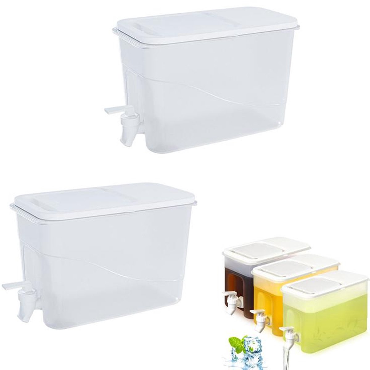 KZQ Drankdispenser voor de koelkast - Dispenser voor koude dranken - Drankdispenser met kraan - 4 liter - Set van 2 - Geschikt voor feestdranken, sappen en ijsthee - Wit