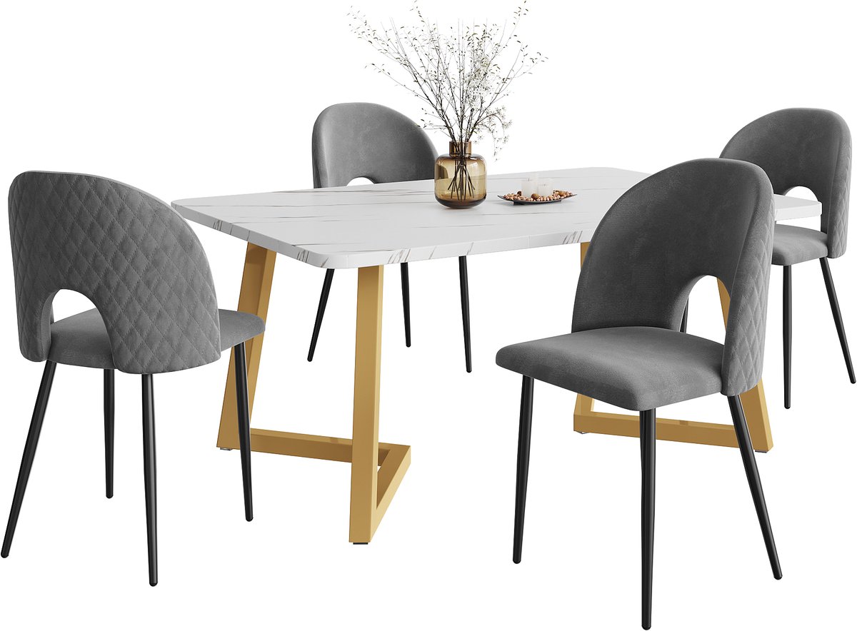 Eettafelset - 1 rechthoekige eettafel met 4 stoelen - grijze eetstoelen met rugleuning - verstelbare stoelpoot - gouden tafelpoten