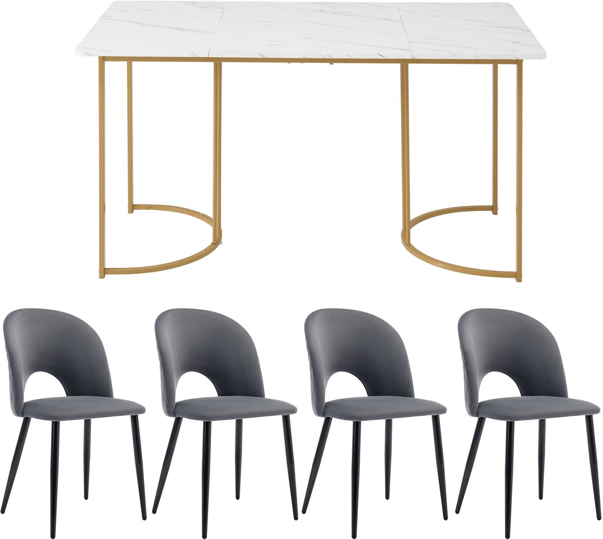 Eettafelset - 1 eettafel met 4 stoelen - grijze eetstoelen met rugleuning - verstelbare stoelpoot - wit tafelblad en gouden tafelpoot